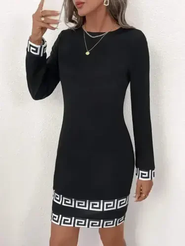 Women's Long Sleeve Bicycle Collar Mini Imported Crepe Dress - 6