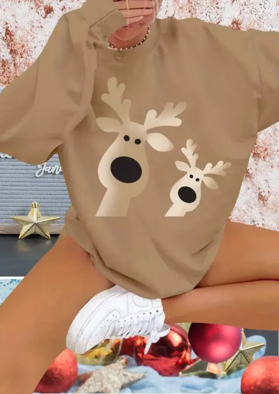 Women's Long Sleeve Bicycle Collar Reindeer Patterned Viscose Two Thread Blouse - 1