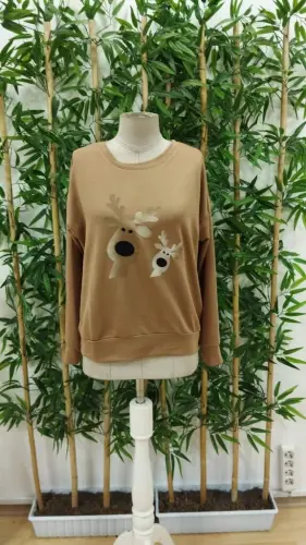 Women's Long Sleeve Bicycle Collar Reindeer Patterned Viscose Two Thread Blouse - 4
