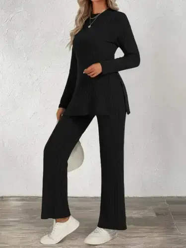 Women's Long Sleeve Bicycle Collar Side Slit Plush Ribbed Blouse and Pants Set - 1