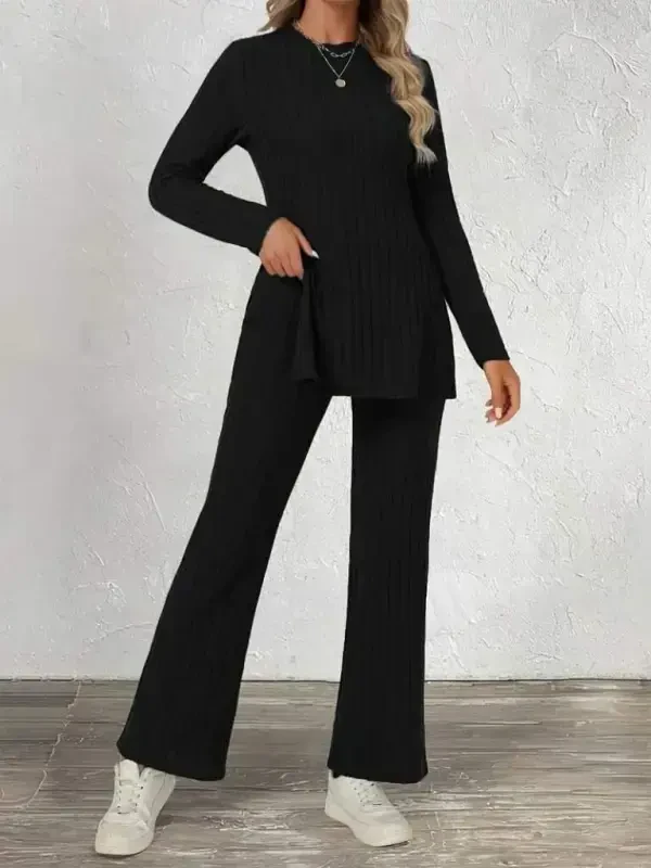 Women's Long Sleeve Bicycle Collar Side Slit Plush Ribbed Blouse and Pants Set - 3