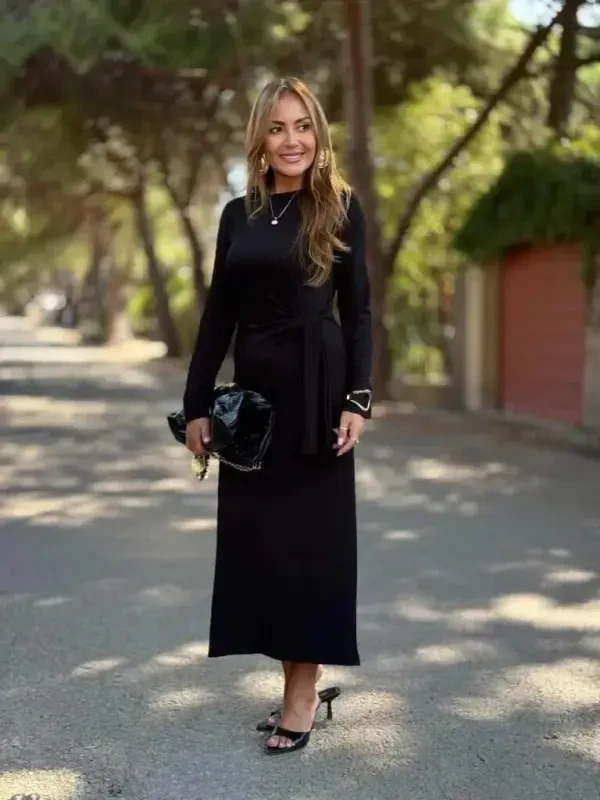 Women's Long Sleeve Bicycle Collar Side Tie Long Modal Dress - 1