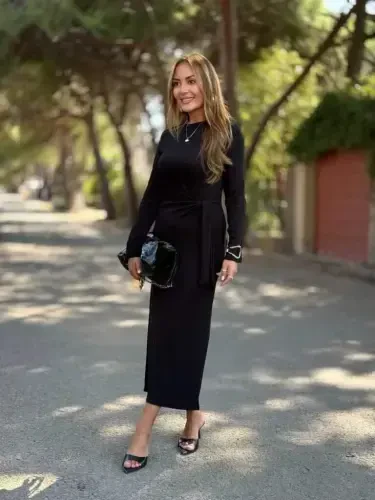 Women's Long Sleeve Bicycle Collar Side Tie Long Modal Dress - BÜYÜKBEDENIZ (1)