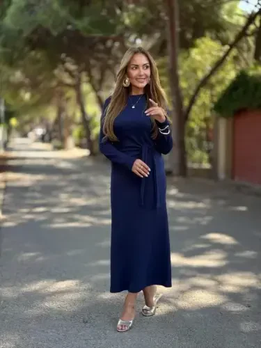 Women's Long Sleeve Bicycle Collar Side Tie Long Modal Dress - 3