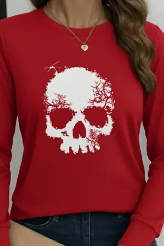 Women's Long Sleeve Bicycle Collar Skull Patterned Viscose Blouse - 5