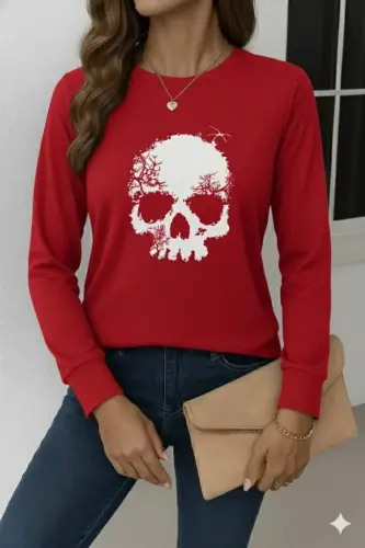 Women's Long Sleeve Bicycle Collar Skull Patterned Viscose Blouse - 1