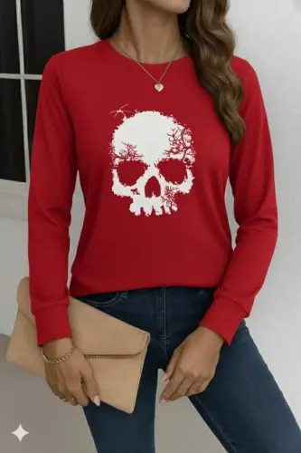 Women's Long Sleeve Bicycle Collar Skull Patterned Viscose Blouse - 3