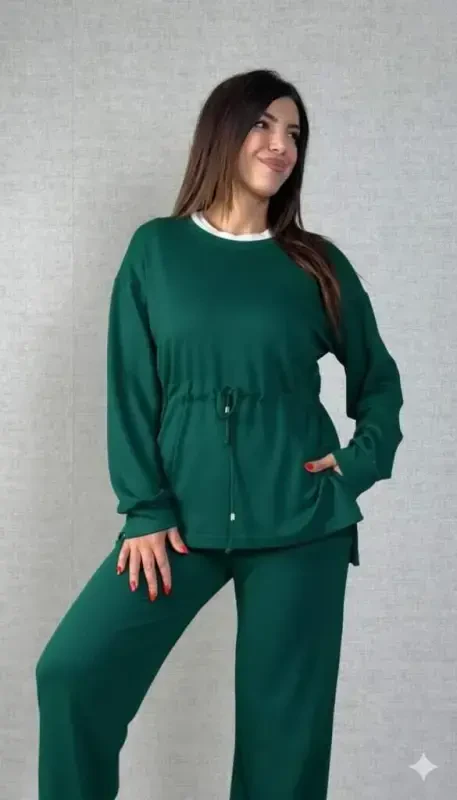 Women's Long Sleeve Bicycle Collar Smocked Waist Drawstring Viscose Two Thread Blouse and Pants Set - BÜYÜKBEDENIZ