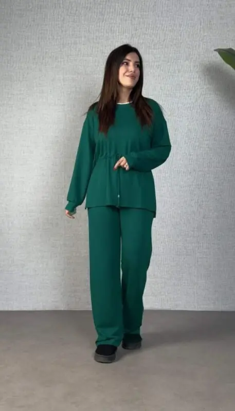 Women's Long Sleeve Bicycle Collar Smocked Waist Drawstring Viscose Two Thread Blouse and Pants Set - 2