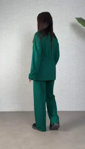 Women's Long Sleeve Bicycle Collar Smocked Waist Drawstring Viscose Two Thread Blouse and Pants Set - 3