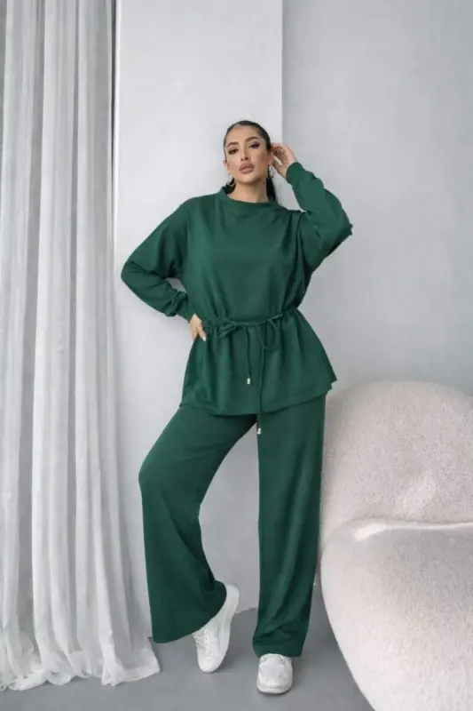 Women's Long Sleeve Bicycle Collar Smocked Waist Drawstring Viscose Two Thread Blouse and Pants Set - 2