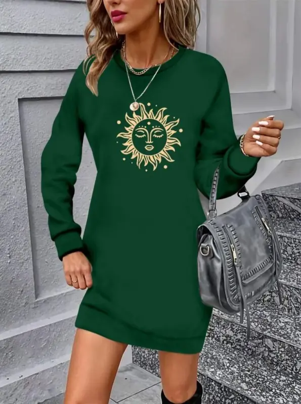 Women's Long Sleeve Bicycle Collar Sun Patterned Viscose Two Thread Dress - 1