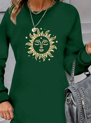 Women's Long Sleeve Bicycle Collar Sun Patterned Viscose Two Thread Dress - BÜYÜKBEDENIZ (1)