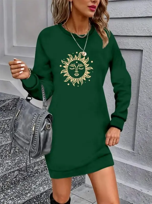 Women's Long Sleeve Bicycle Collar Sun Patterned Viscose Two Thread Dress - 3