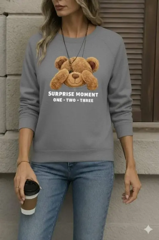 Women's Long Sleeve Bicycle Collar Teddy Bear Patterned Viscose Two Thread Blouse - 3