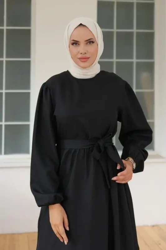 Women's Long Sleeve Bicycle Collar Tie Waist Dress - BÜYÜKBEDENIZ