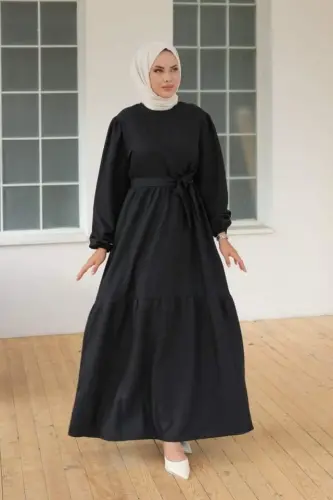 Women's Long Sleeve Bicycle Collar Tie Waist Dress - BÜYÜKBEDENIZ (1)