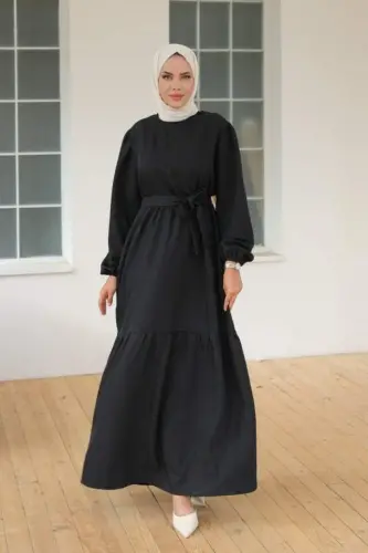 Women's Long Sleeve Bicycle Collar Tie Waist Dress - 4