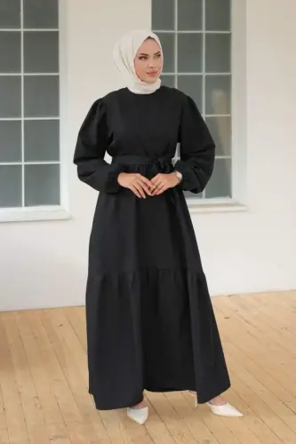 Women's Long Sleeve Bicycle Collar Tie Waist Dress - 5