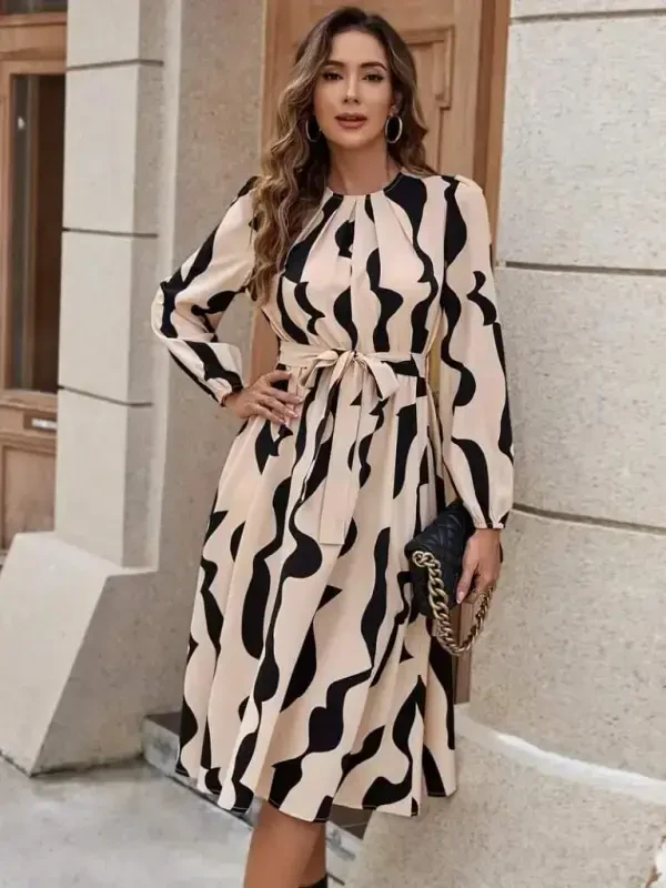 Women's Long Sleeve Bicycle Collar Tie Waist Patterned Belted Micro Supreme Midi Dress - BÜYÜKBEDENIZ