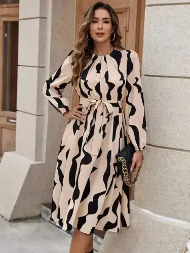 Women's Long Sleeve Bicycle Collar Tie Waist Patterned Belted Micro Supreme Midi Dress - 4