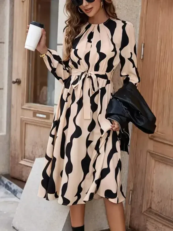 Women's Long Sleeve Bicycle Collar Tie Waist Patterned Belted Micro Supreme Midi Dress - 6