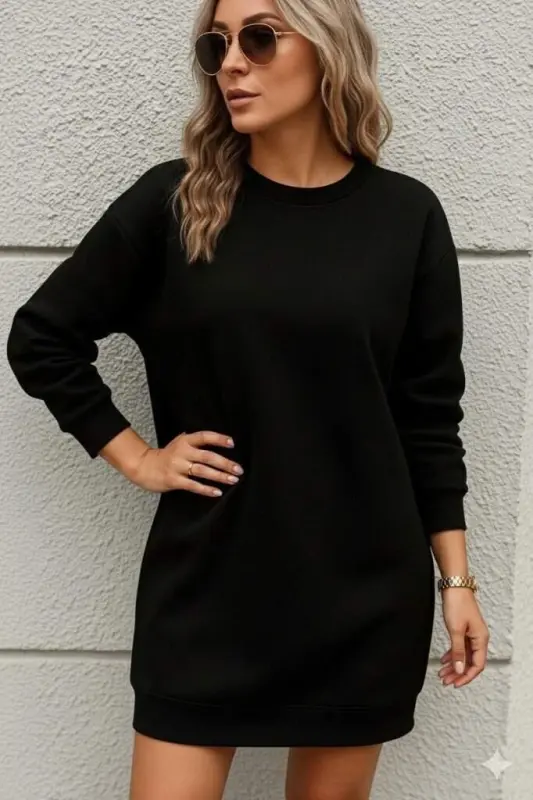 Women's Long Sleeve Bicycle Collar Two Thread Dress - BÜYÜKBEDENIZ