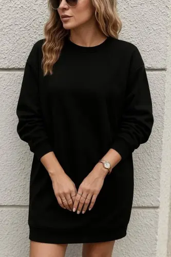 Women's Long Sleeve Bicycle Collar Two Thread Dress - BÜYÜKBEDENIZ (1)