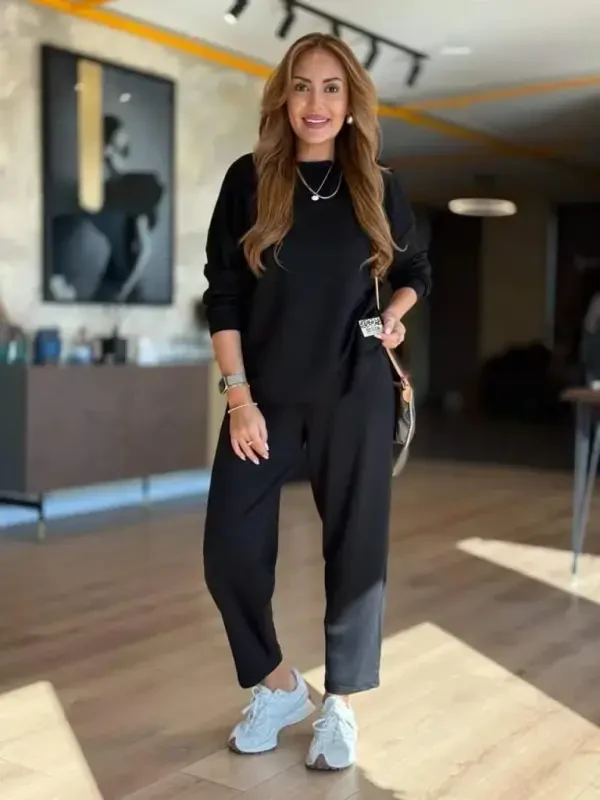 Women's Long Sleeve Bicycle Collar Viscose Two Thread Blouse and Pants Set - 1