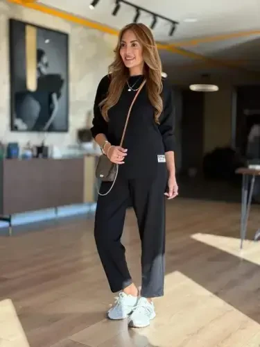 Women's Long Sleeve Bicycle Collar Viscose Two Thread Blouse and Pants Set - 3