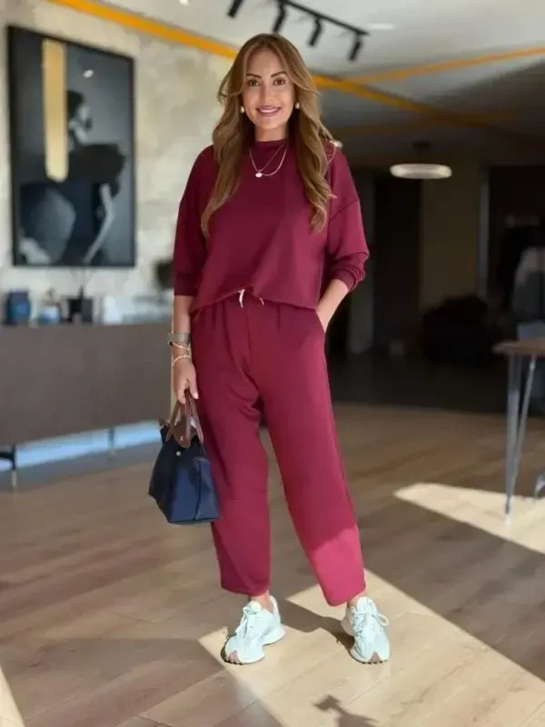 Women's Long Sleeve Bicycle Collar Viscose Two Thread Blouse and Pants Set - 3