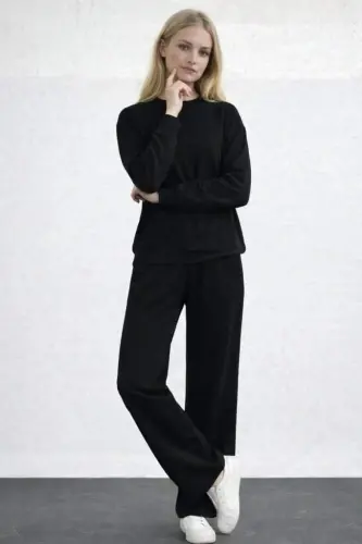 Women's Long Sleeve Bicycle Collar Viscose Two Thread Blouse And Pants Set - 3