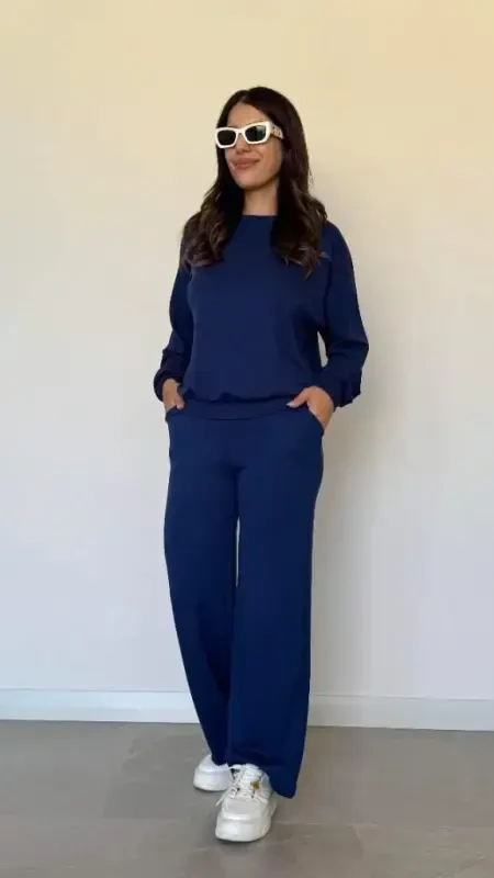 Women's Long Sleeve Bicycle Collar Viscose Two Thread Blouse and Pants Set - BÜYÜKBEDENIZ