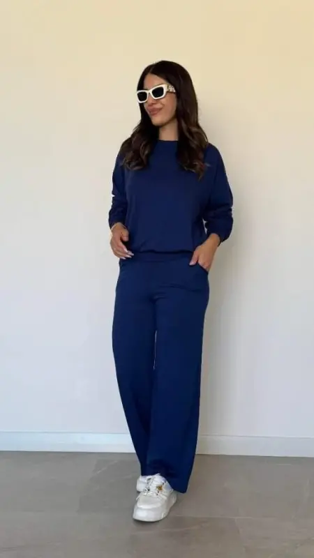 Women's Long Sleeve Bicycle Collar Viscose Two Thread Blouse and Pants Set - 2