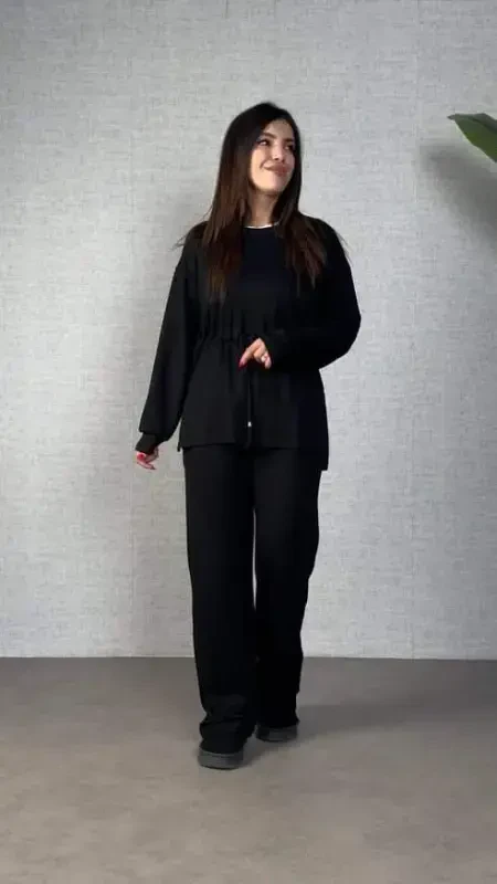 Women's Long Sleeve Bicycle Collar Waistband Viscose Two Thread Blouse and Pants Set - 2