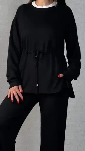 Women's Long Sleeve Bicycle Collar Waistband Viscose Two Thread Blouse and Pants Set - 3