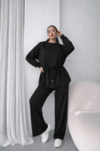 Women's Long Sleeve Bicycle Collar Waistband Viscose Two Thread Blouse and Pants Set - 2
