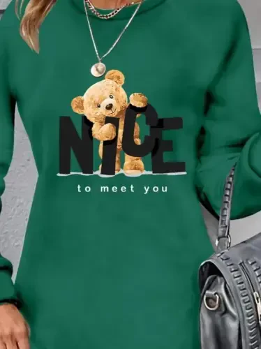 Women's Long Sleeve Bike Collar Bear Patterned Viscose Two Thread Dress - 6