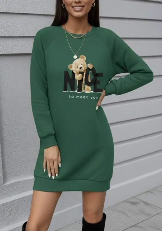 Women's Long Sleeve Bike Collar Bear Patterned Viscose Two Thread Dress - BÜYÜKBEDENIZ