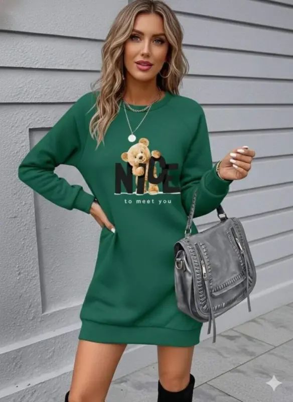 Women's Long Sleeve Bike Collar Bear Patterned Viscose Two Thread Dress - 2