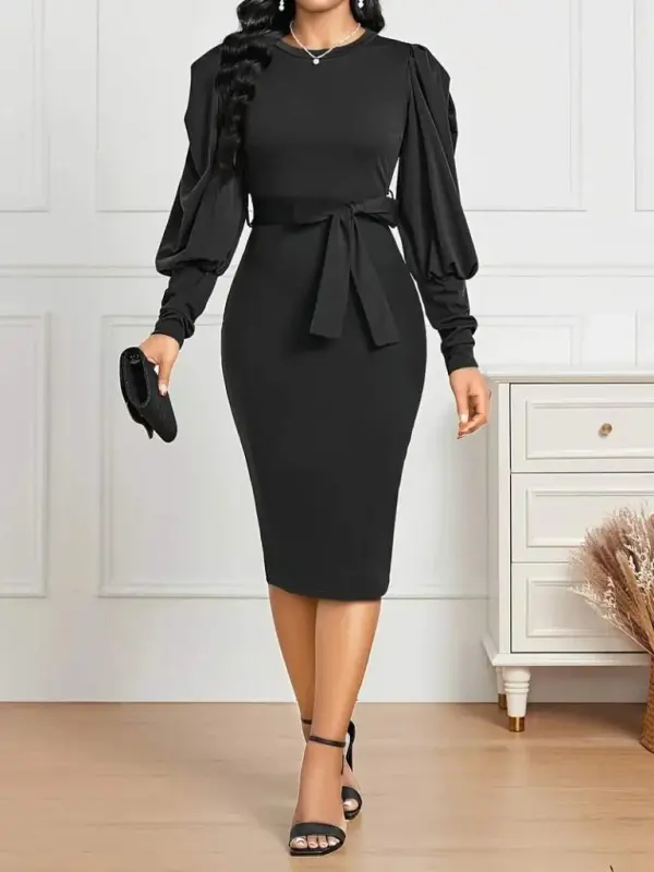 Women's Long Sleeve Bike Collar Belted Imported Crepe Midi Dress - 1