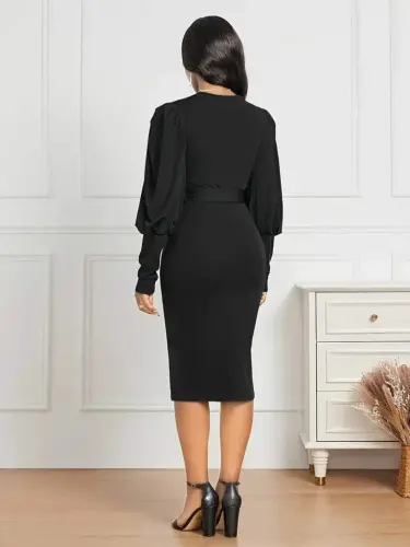 Women's Long Sleeve Bike Collar Belted Imported Crepe Midi Dress - 3