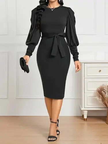 Women's Long Sleeve Bike Collar Belted Imported Crepe Midi Dress - 4