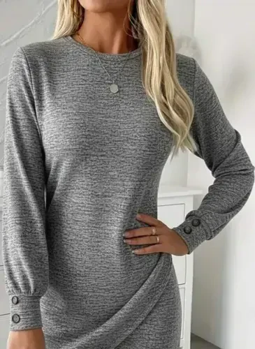 Women's Long Sleeve Bike Collar Front Asymmetric Cut Detailed Mini Soft Dress - BÜYÜKBEDENIZ (1)