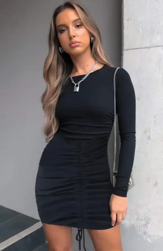 Women's Long Sleeve Bike Collar Front Gathered Ribbed Dress - 1