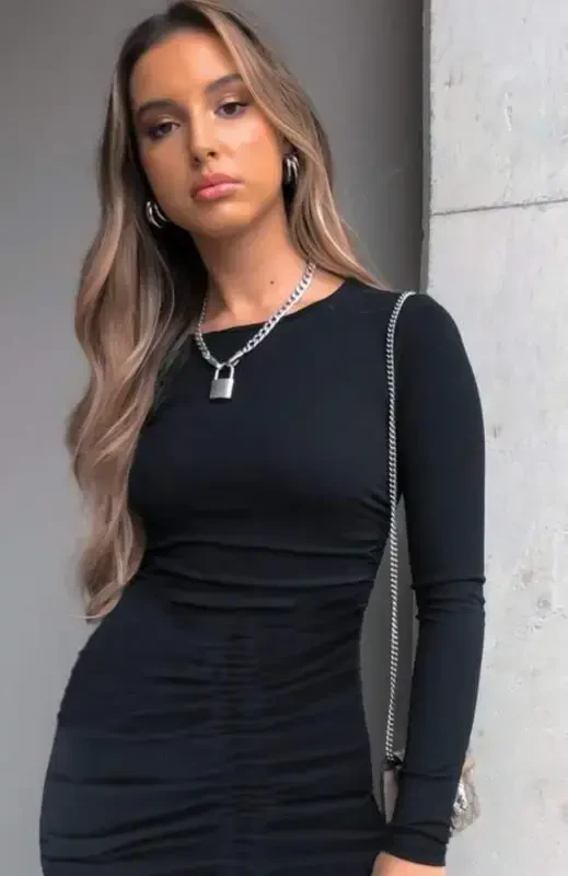 Women's Long Sleeve Bike Collar Front Gathered Ribbed Dress - 2