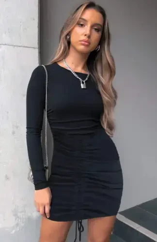 Women's Long Sleeve Bike Collar Front Gathered Ribbed Dress - 3