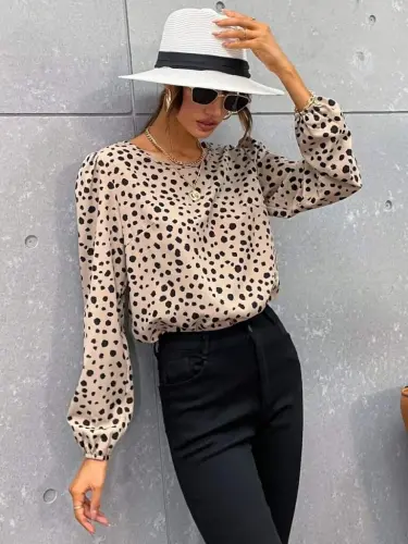 Women's Long Sleeve Bike Collar Patterned Blouse - BÜYÜKBEDENIZ (1)