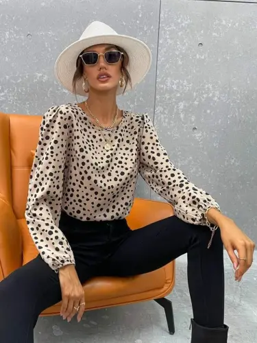 Women's Long Sleeve Bike Collar Patterned Blouse - 3