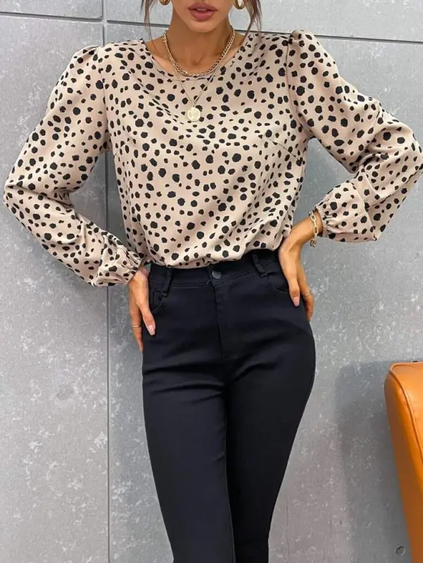 Women's Long Sleeve Bike Collar Patterned Blouse - 4